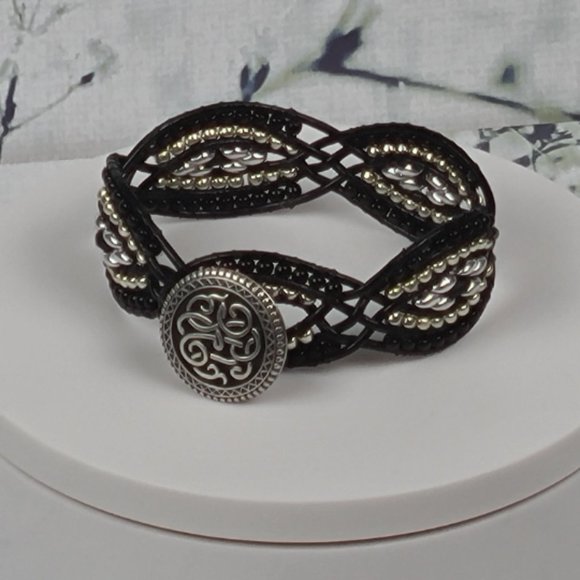 Leather & Bead Bracelet -Black & Silver - Picture 2 of 5